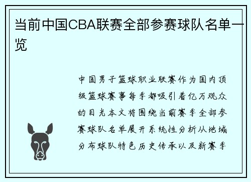 当前中国CBA联赛全部参赛球队名单一览