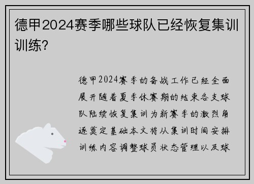 德甲2024赛季哪些球队已经恢复集训训练？
